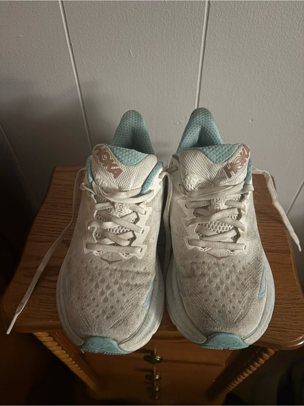 Hoka Women's White and Light Blue Athletic Running Shoes